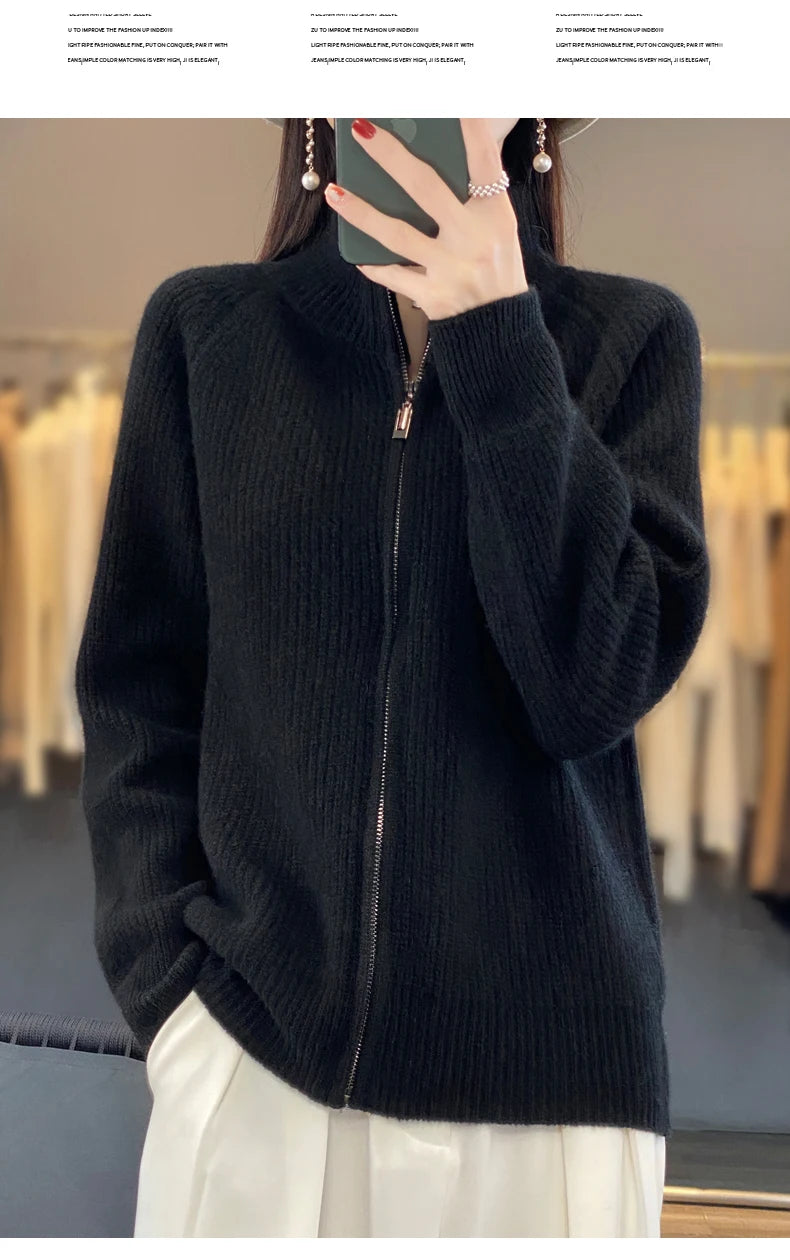 100% Pure Wool Zipper Cardigan Padded Shoulder Stand Collar Women's Cashmere Knitted Coat New Lapel Sweater