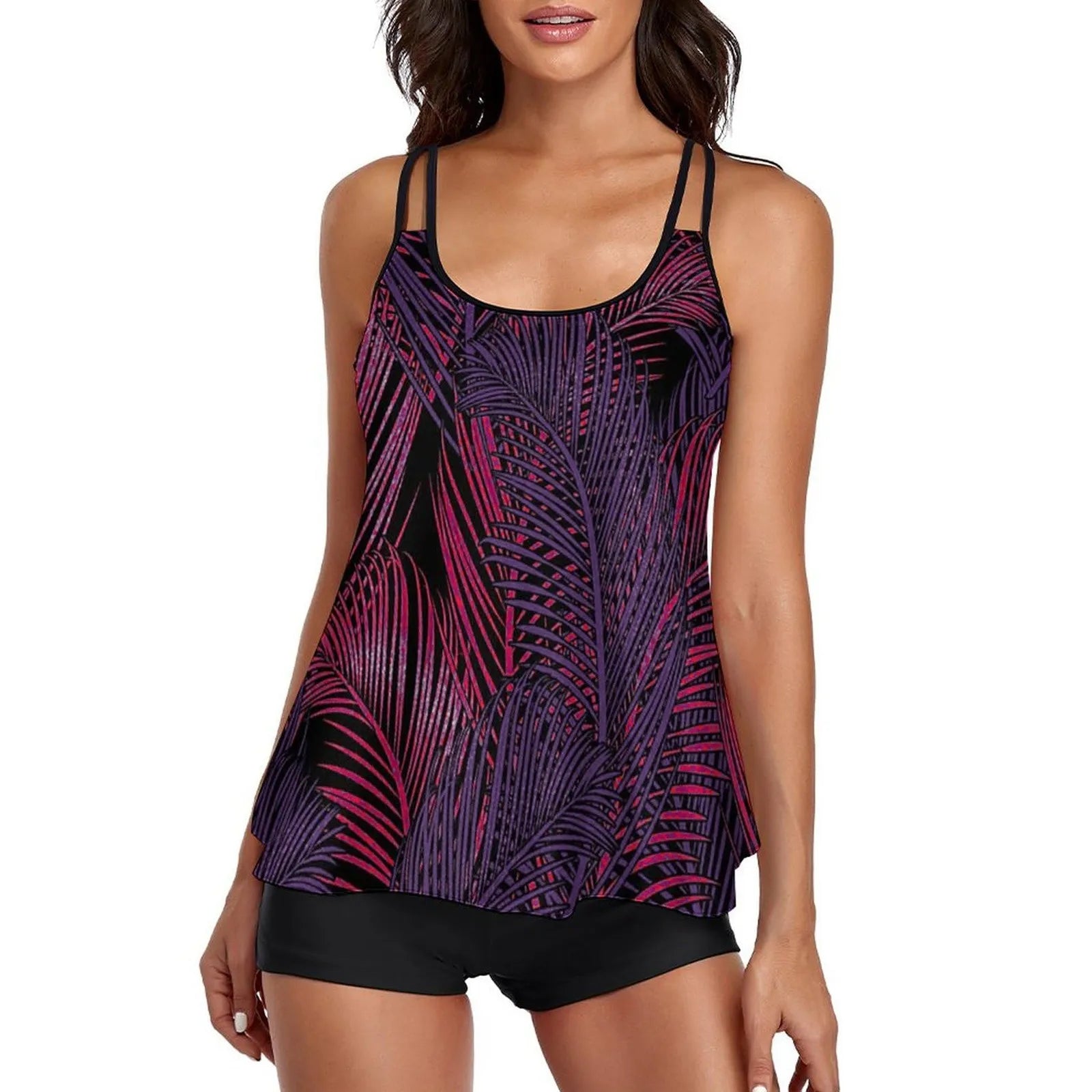 2024 New 2-Piece Swimsuit Women Casual Tropical Print Tankini Set Swimsuit Set Adjustable Suspenders With Elastic Shorts