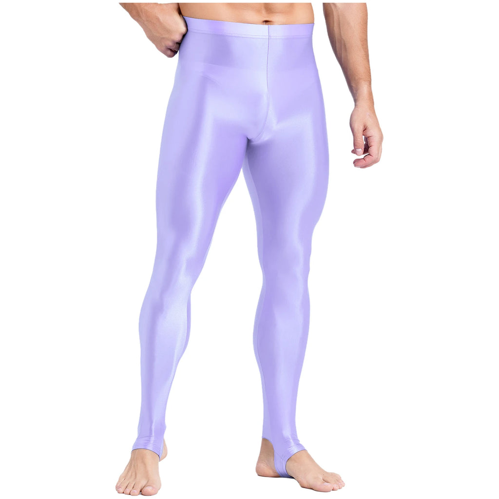 Mens Glossy Sports Pants Stirrup Leggings High Waist Elastic Waist Tights Gym Workout Pants Tummy Control Yoga Fitness Pants