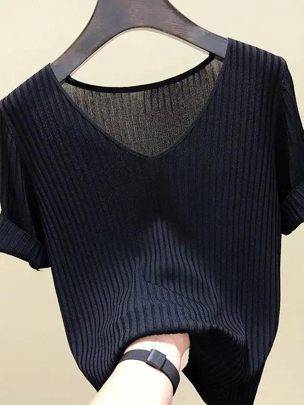 Women's Slim Knit V-Neck Short Sleeve Top