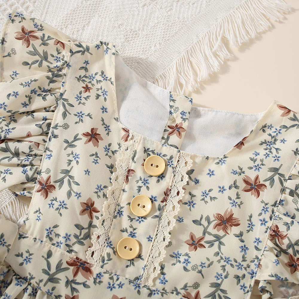 Girls' Floral Ruffle Flying Sleeve Casual Dress