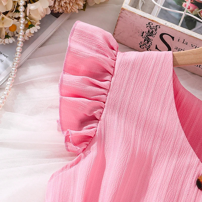 Girls' Pink Flying Sleeve V-Neck Dress (8-12Y)