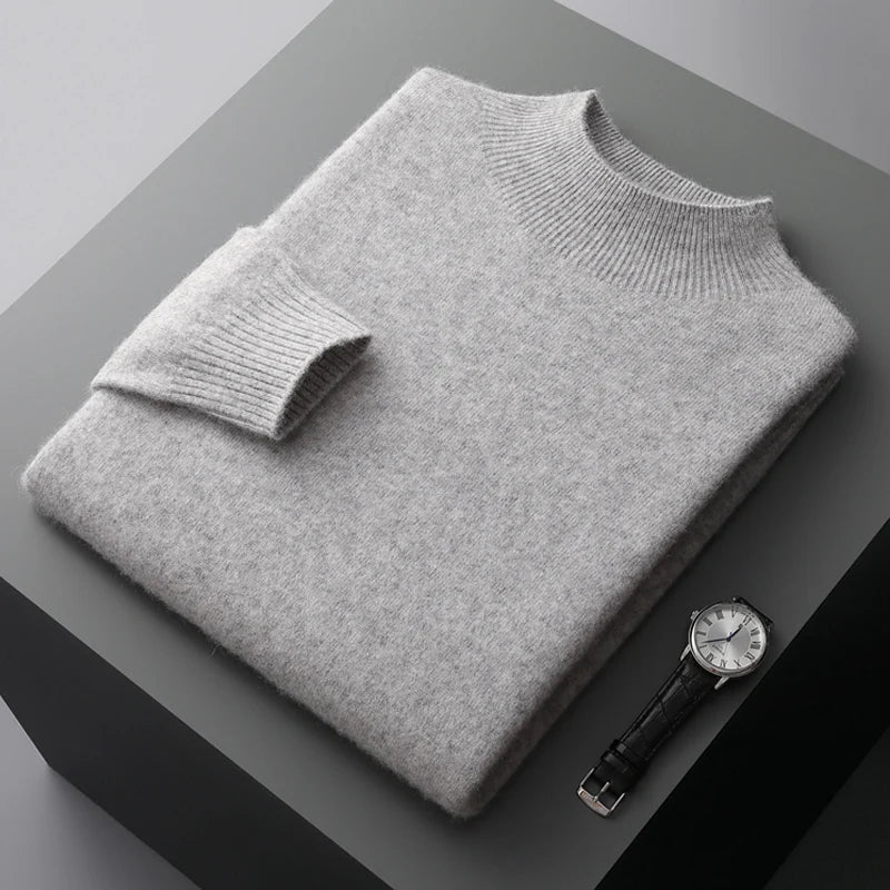 New Men's 100% Merino Wool Mock Neck Pullover Soft Warm Jumpers Quality Cashmere Sweater Casual Smart Knitwear Basic Tops Clothi
