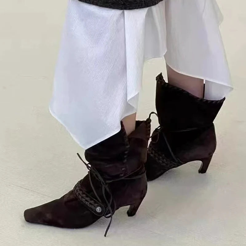 Liyke Autumn Winter Brown Suede Weave Lace-up Women Fold Pleated Ankle Boots Fashion Thin Low Heels Chelsea Western Ladies Shoes