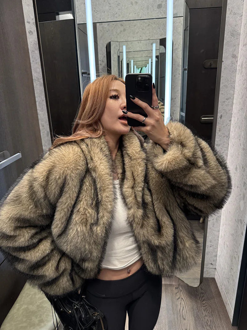 Trendy Brown Plush Fur Coat
