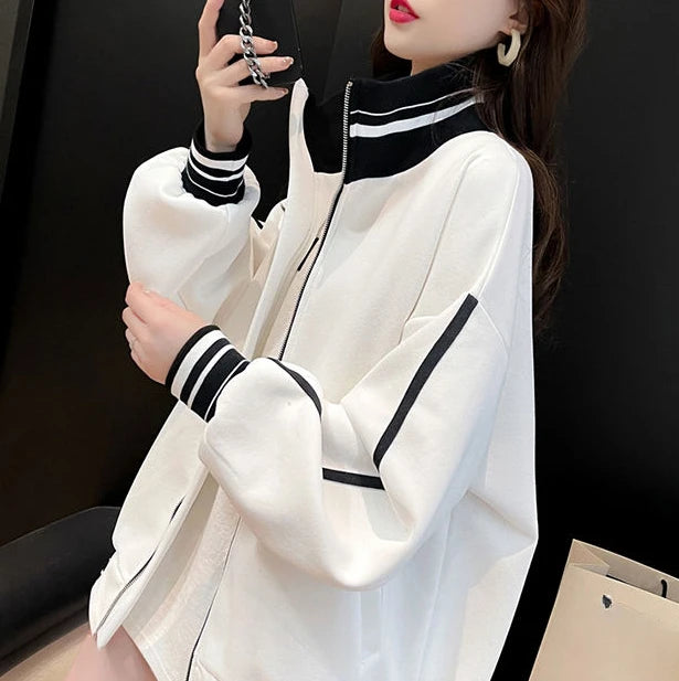 Female Clothes Black Sweatshirts for Women Full Zip Up Tops with Zipper Coat Striped Y2k Hoodie 2000s Long Sleeve Style Matching