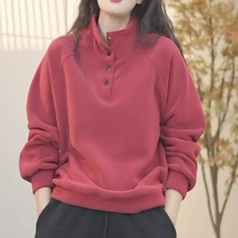 No Hat Hoodies Women Autumn College Basic Solid Casual All-match Stand Collar Button Trendy High Street Korean Style Mujer Cozy