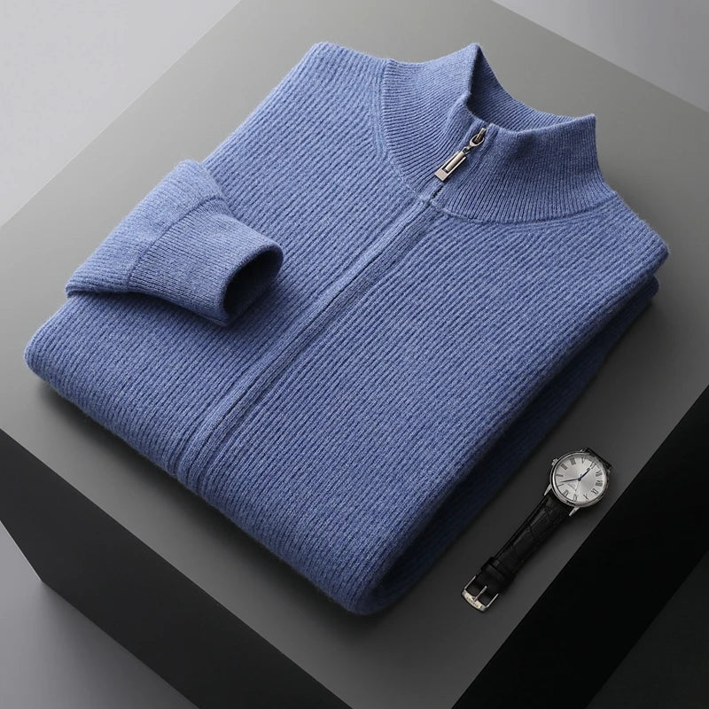 LHZSYY Men's Cashmere Knit Cardigan Middle-Aged Stand-up Collar Zip-up Coat 100%Pure Wool Autumn Winter Thick Sweater Men Jacket