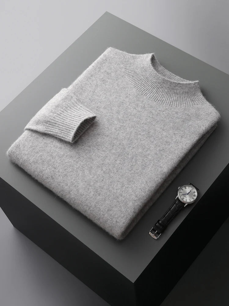 New Men's 100% Merino Wool Mock Neck Pullover Soft Warm Jumpers Quality Cashmere Sweater Casual Smart Knitwear Basic Tops Clothi