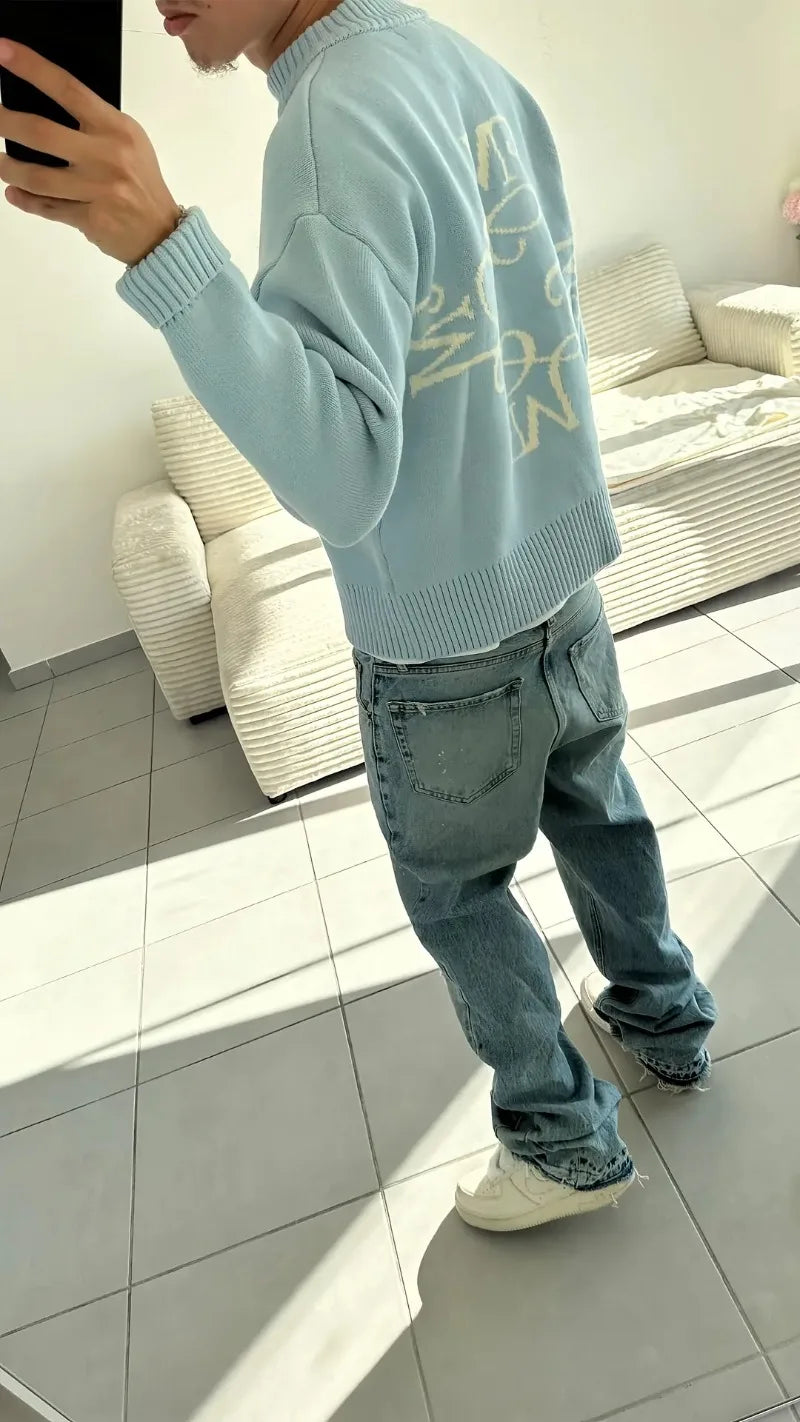 Y2K Retro Long Sleeve Sweater Signature M Logo Pattern Pullover Men New Fashion High Street Casual Streetwear Boxy Knitted Top