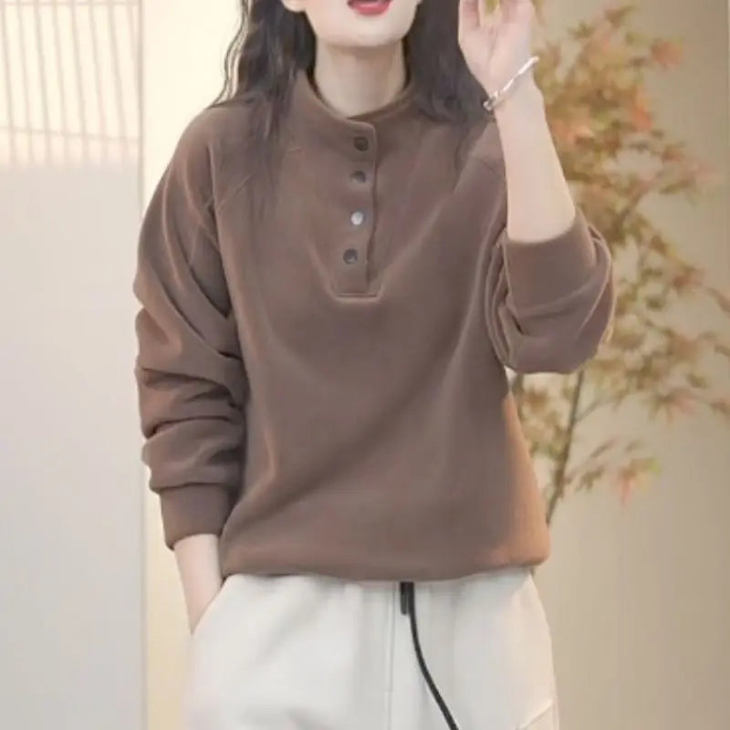 No Hat Hoodies Women Autumn College Basic Solid Casual All-match Stand Collar Button Trendy High Street Korean Style Mujer Cozy