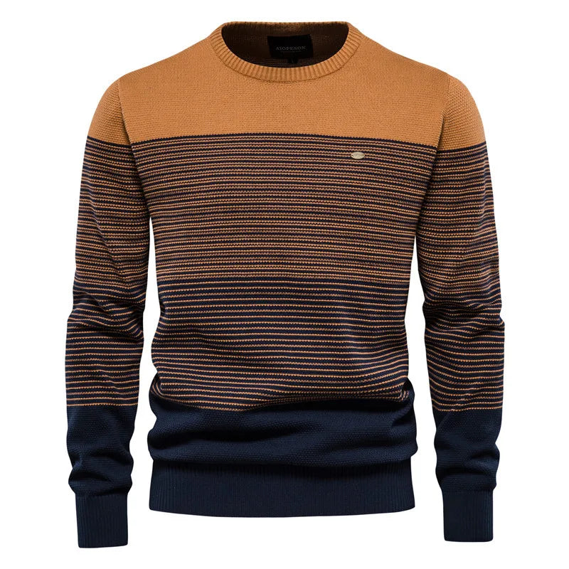 Men's Trendy Slim-Fit Crew Neck Striped Sweater - Autumn & Winter European Size, Retro Long-Sleeve, Branded Knit Top