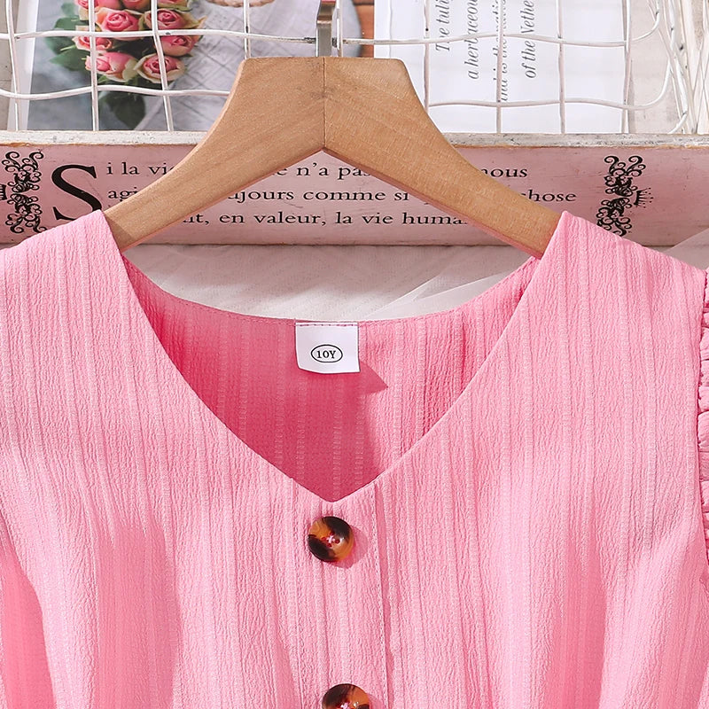 Girls' Pink Flying Sleeve V-Neck Dress (8-12Y)
