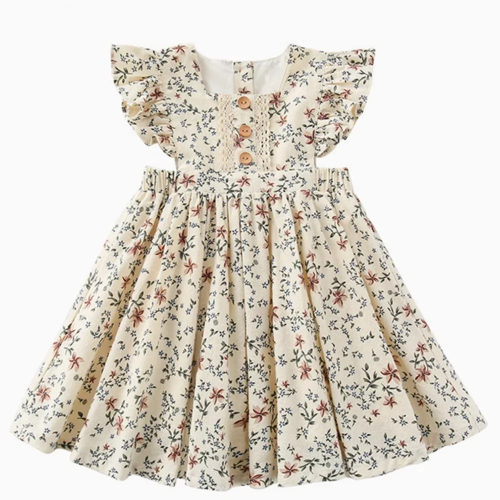 Girls' Floral Ruffle Flying Sleeve Casual Dress