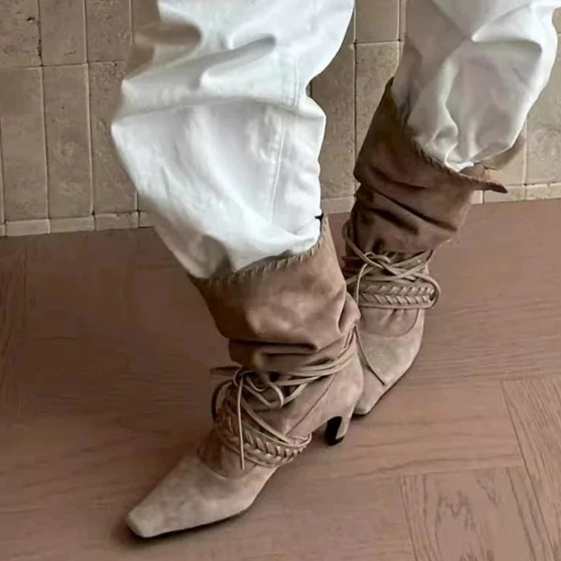 Liyke Autumn Winter Brown Suede Weave Lace-up Women Fold Pleated Ankle Boots Fashion Thin Low Heels Chelsea Western Ladies Shoes