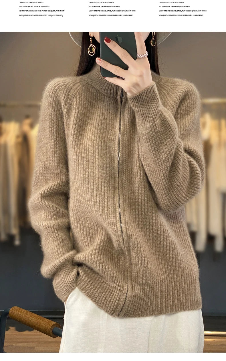 100% Pure Wool Zipper Cardigan Padded Shoulder Stand Collar Women's Cashmere Knitted Coat New Lapel Sweater
