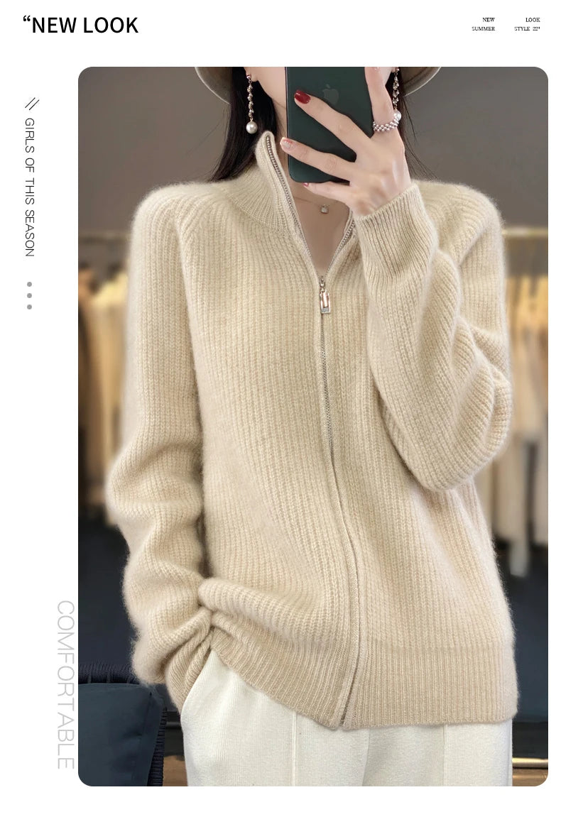 100% Pure Wool Zipper Cardigan Padded Shoulder Stand Collar Women's Cashmere Knitted Coat New Lapel Sweater
