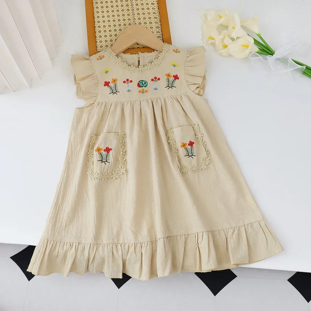 Girls' Khaki Embroidered Ruffle Pocket Dress