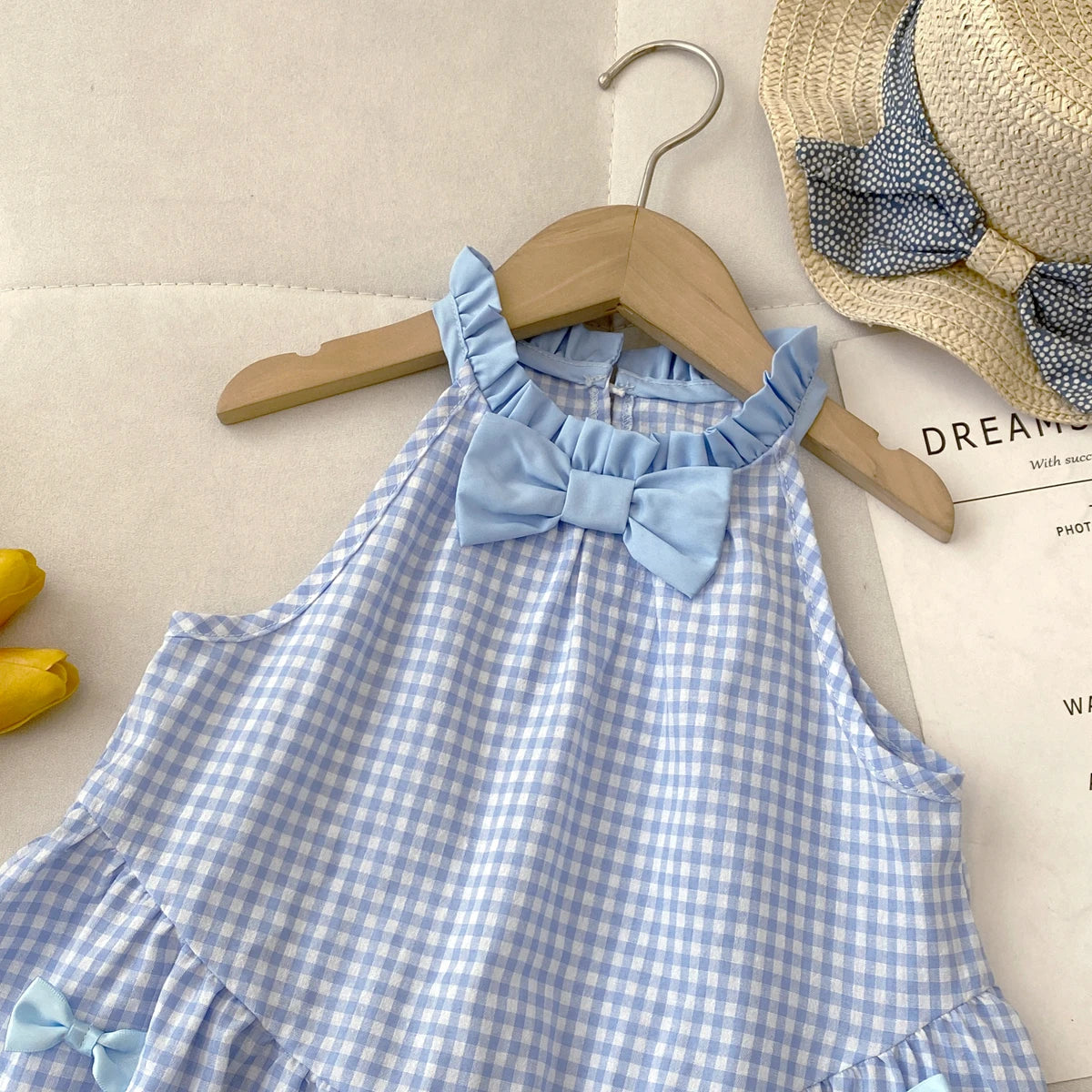 Girls' Checkered Bow Halter Neck Dress