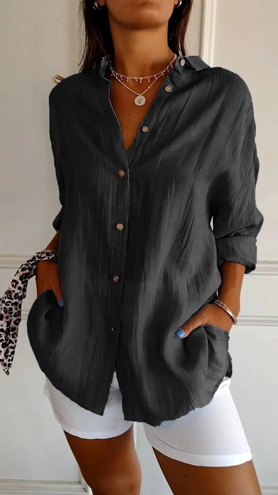 Women's Pleated Lapel Button Shirt