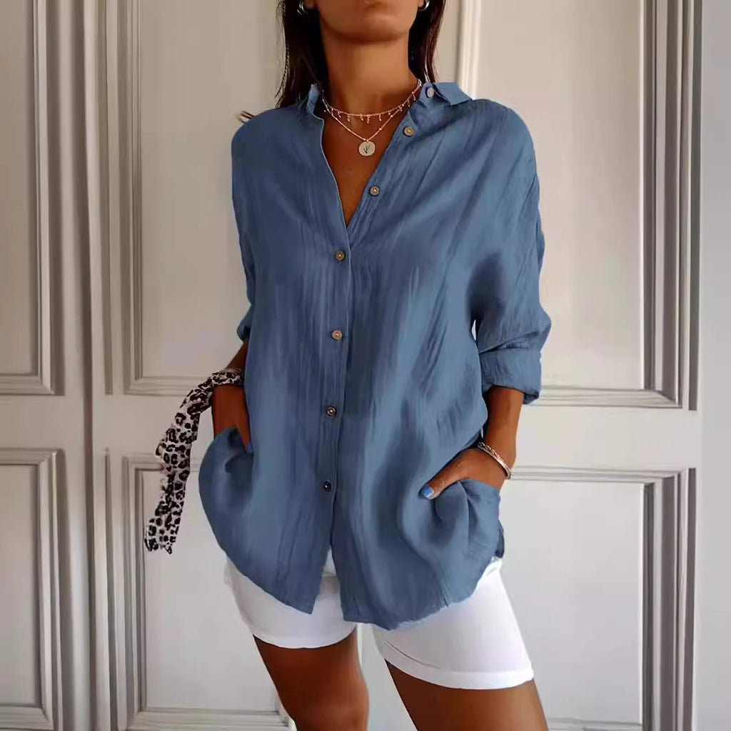 Women's Pleated Lapel Button Shirt