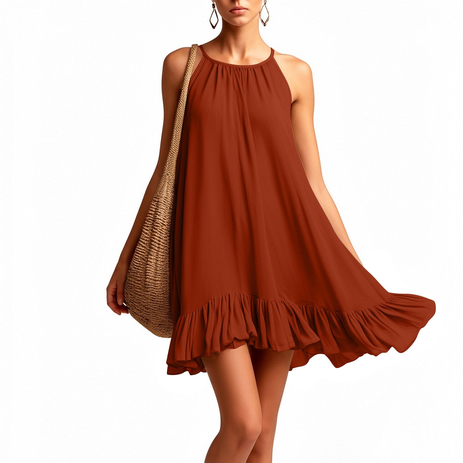 Sleeveless Pleated Womens Halterneck Casual Dress