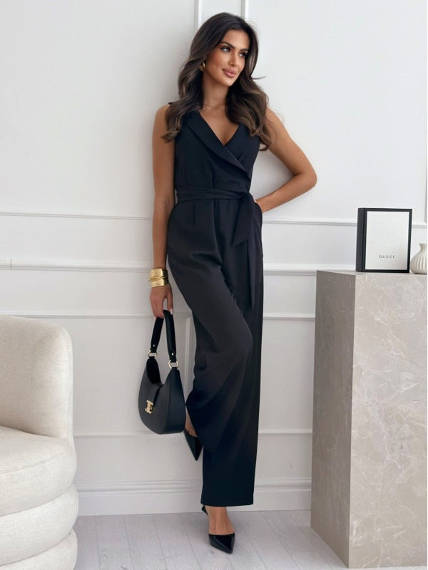 V-Neck Belted Sleeveless Jumpsuit