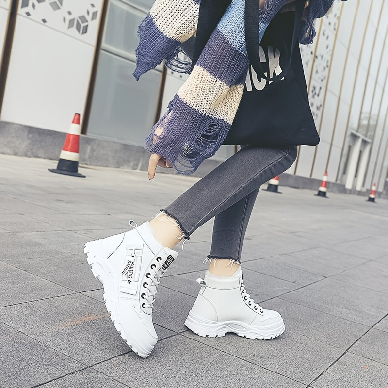 [Warm Fleece-Lined Winter Boots] Warm Fleece-Lined Women's Winter High-Top Boots - Thick Rubber Sole, Lace-Up Casual Style, White & Beige, Perfect for Cold Weather Comfort