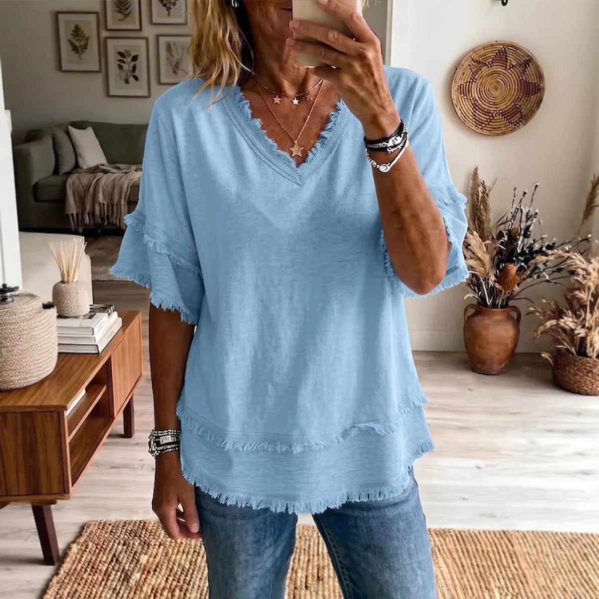 Women's V-Neck Loose Pullover Top