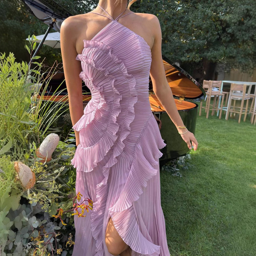 Ruffled Halter Neck Evening Dress