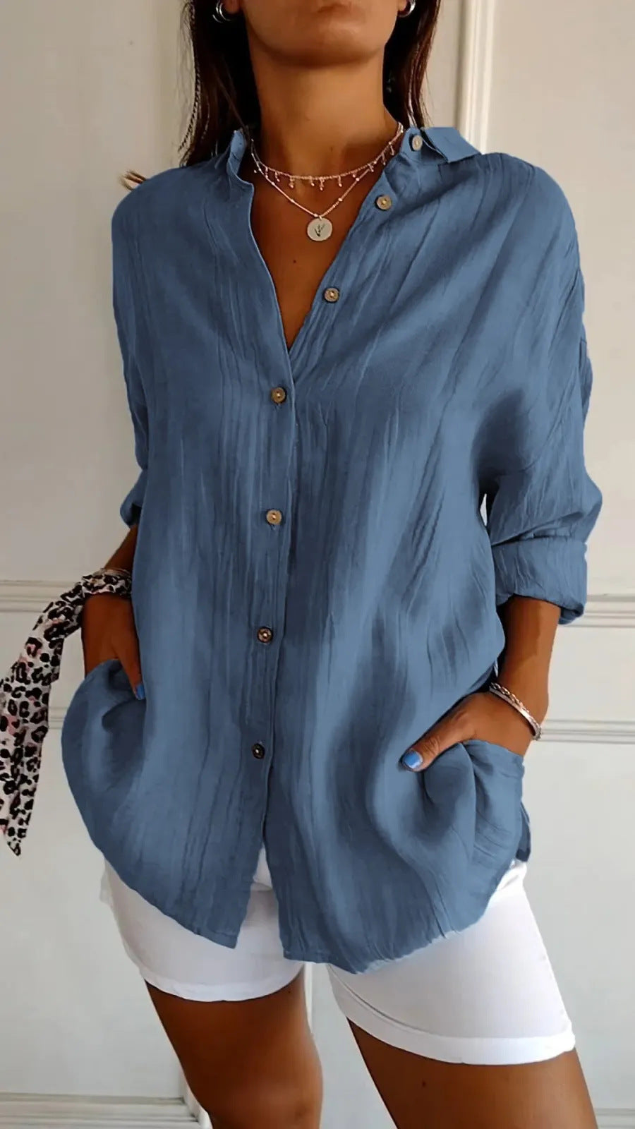 Women's Pleated Lapel Button Shirt