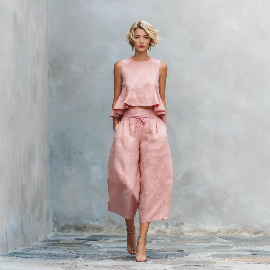 Ruffled Sleeveless Top & Wide-Leg Pants Set