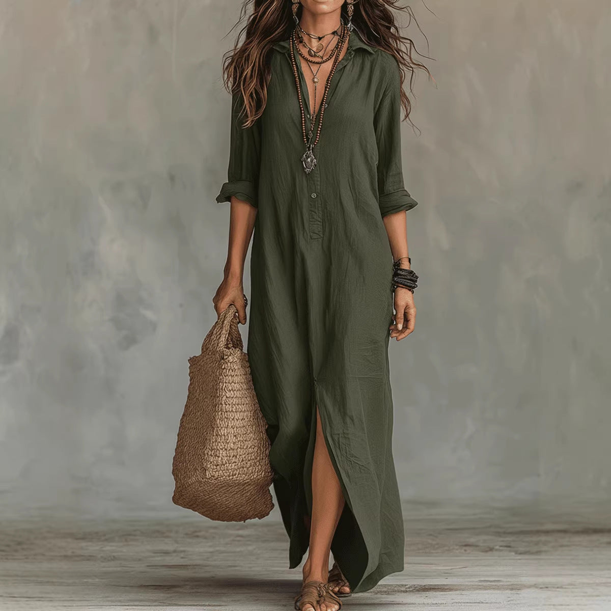 Lapel Collar Side-Slit Maxi Dress