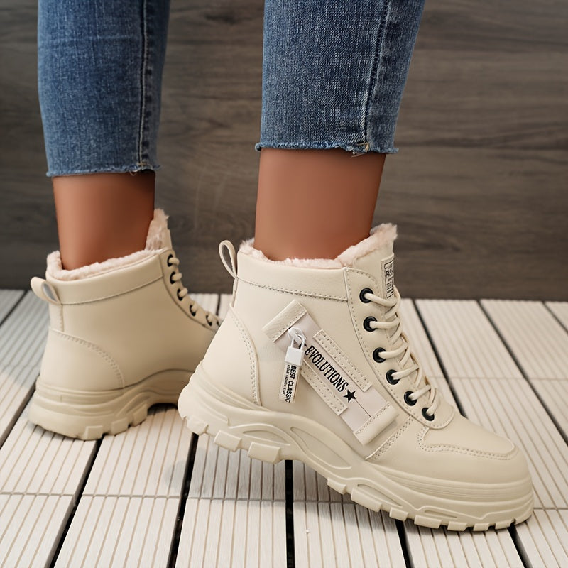 [Warm Fleece-Lined Winter Boots] Warm Fleece-Lined Women's Winter High-Top Boots - Thick Rubber Sole, Lace-Up Casual Style, White & Beige, Perfect for Cold Weather Comfort
