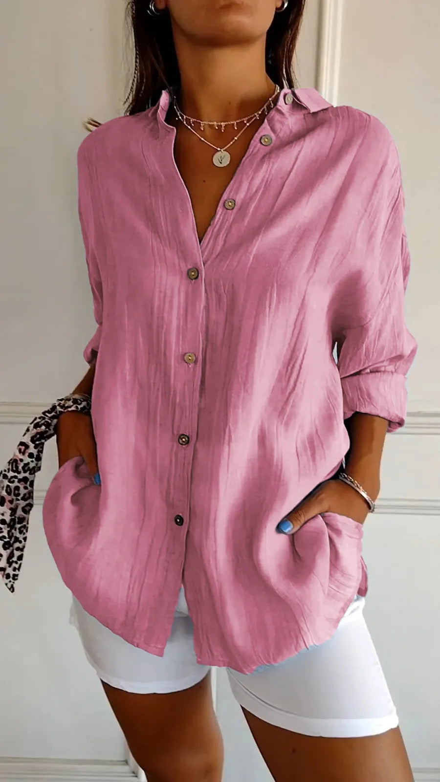Women's Pleated Lapel Button Shirt