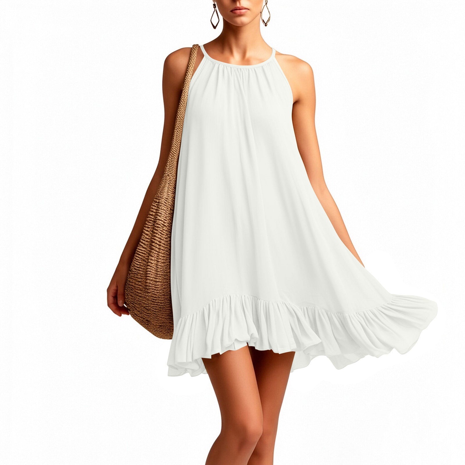Sleeveless Pleated Womens Halterneck Casual Dress