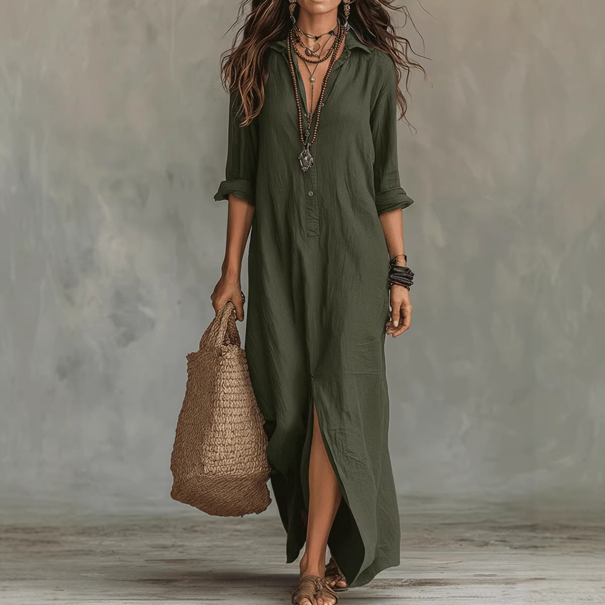 Lapel Collar Side-Slit Maxi Dress