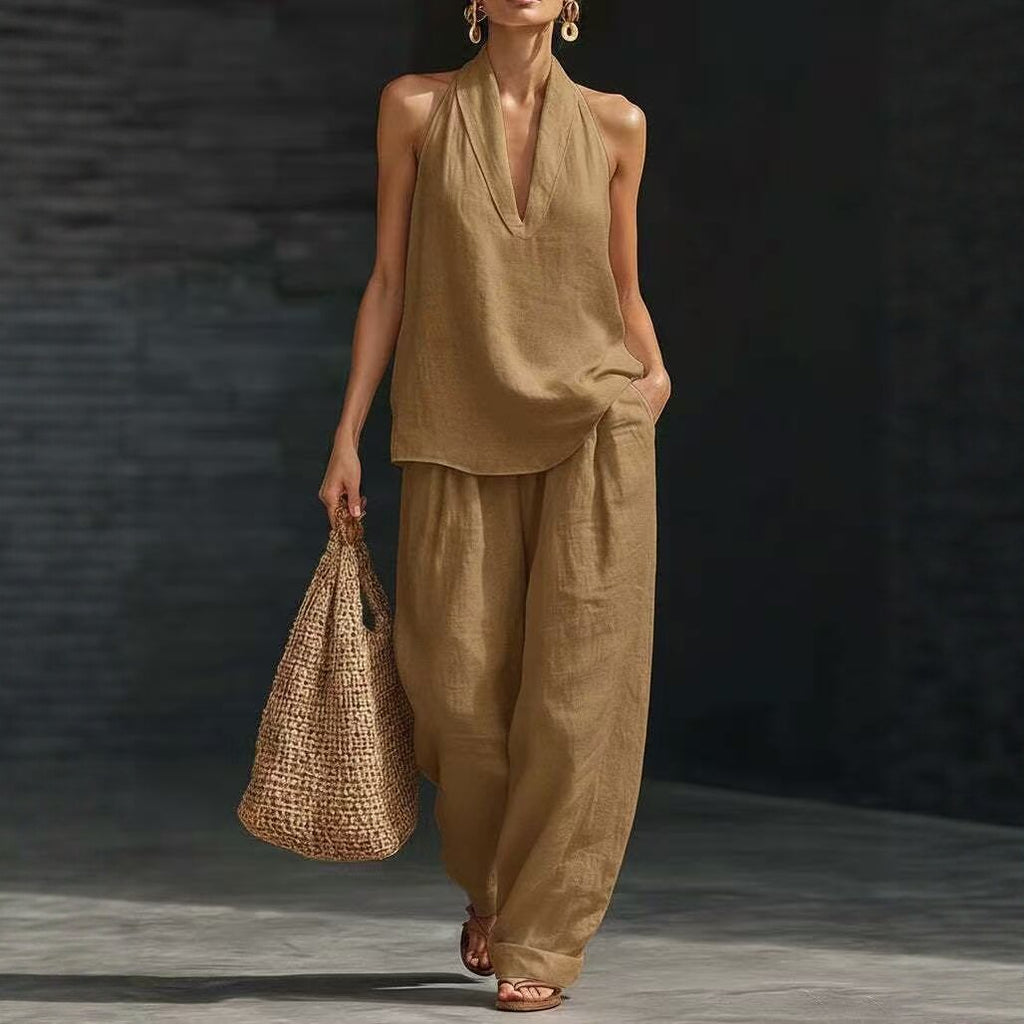 V-Neck Halter Top & Wide-Leg Pants Set