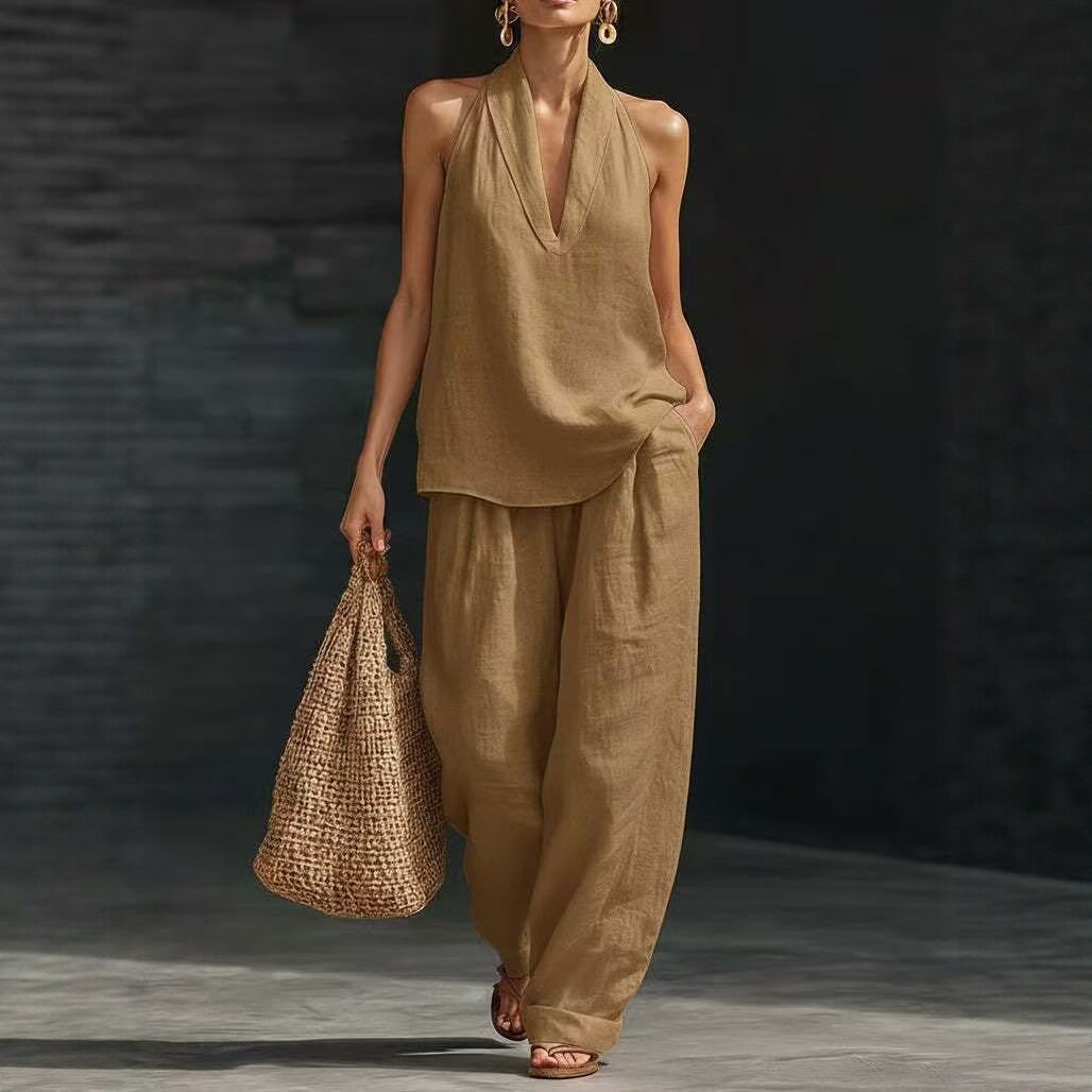 V-Neck Halter Top & Wide-Leg Pants Set