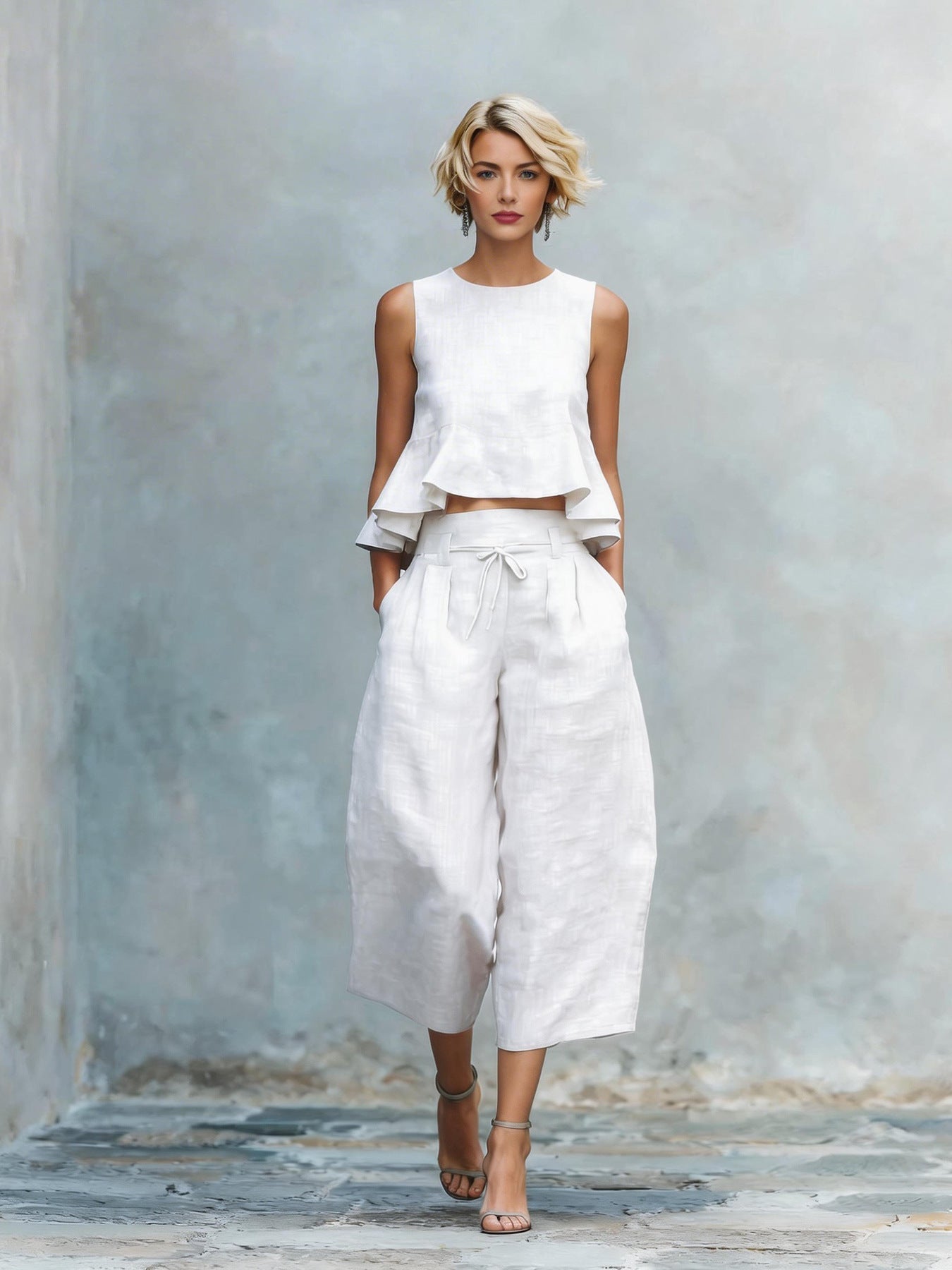 Ruffled Sleeveless Top & Wide-Leg Pants Set