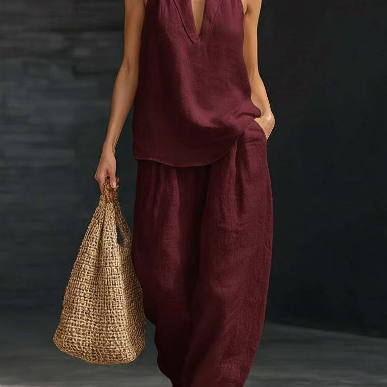 V-Neck Halter Top & Wide-Leg Pants Set