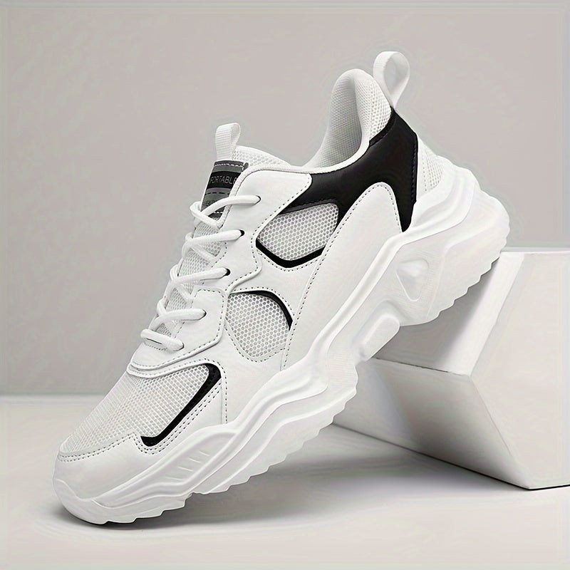 [Breathable Sneakers] Chunky Breathable Mesh Sneakers | Men's White & Teal Casual Sneakers with EVA Sole, Lace-Up Design for All Seasons