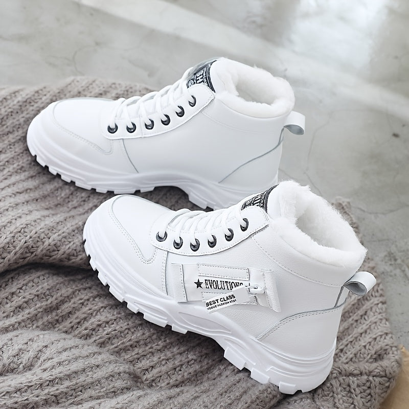 [Warm Fleece-Lined Winter Boots] Warm Fleece-Lined Women's Winter High-Top Boots - Thick Rubber Sole, Lace-Up Casual Style, White & Beige, Perfect for Cold Weather Comfort