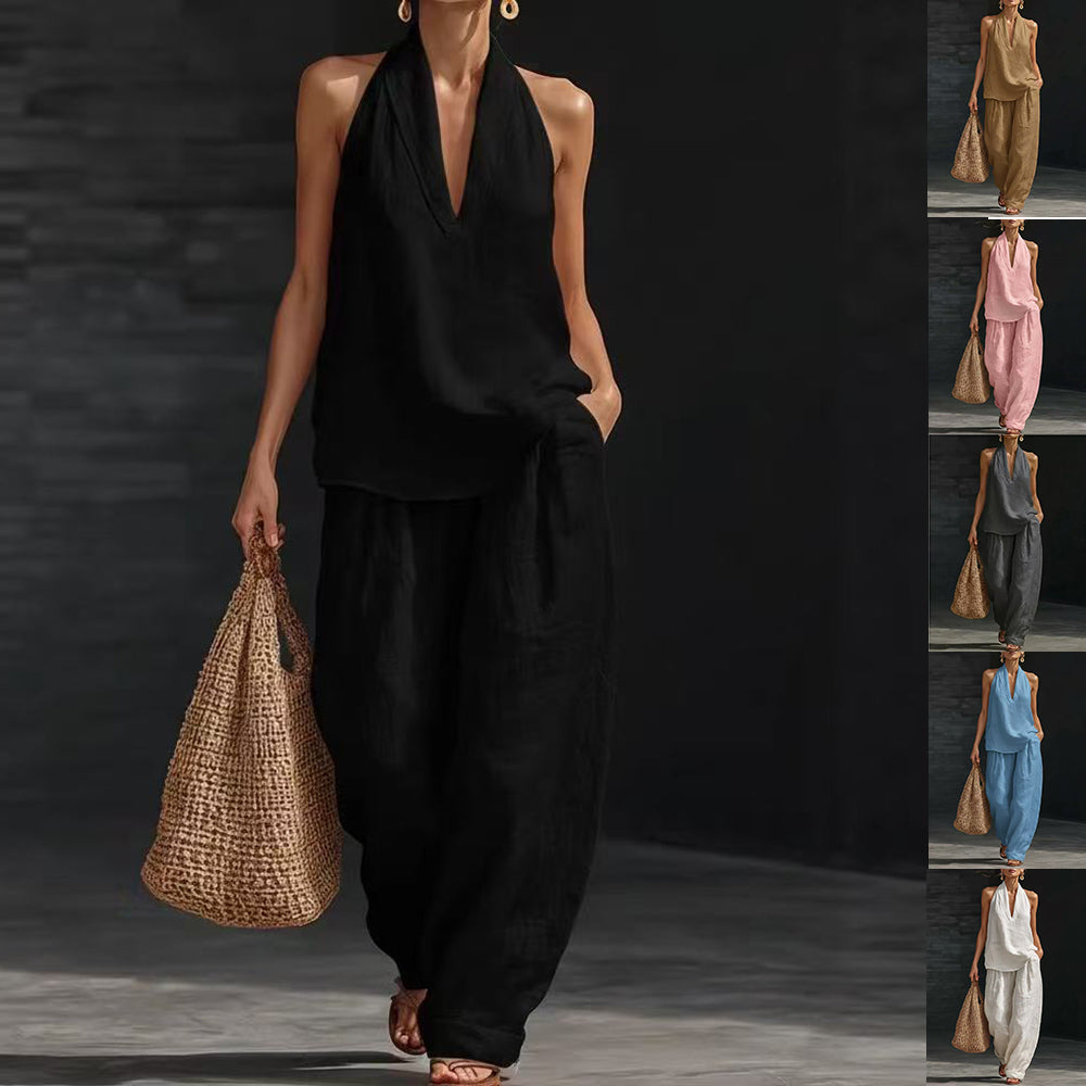V-Neck Halter Top & Wide-Leg Pants Set