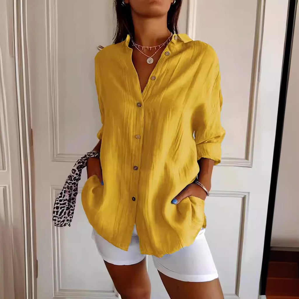 Women's Pleated Lapel Button Shirt