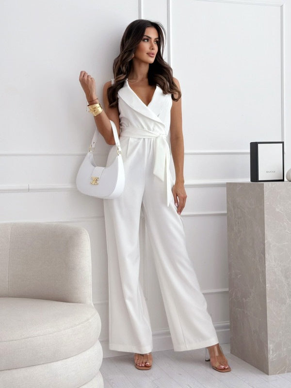 V-Neck Belted Sleeveless Jumpsuit