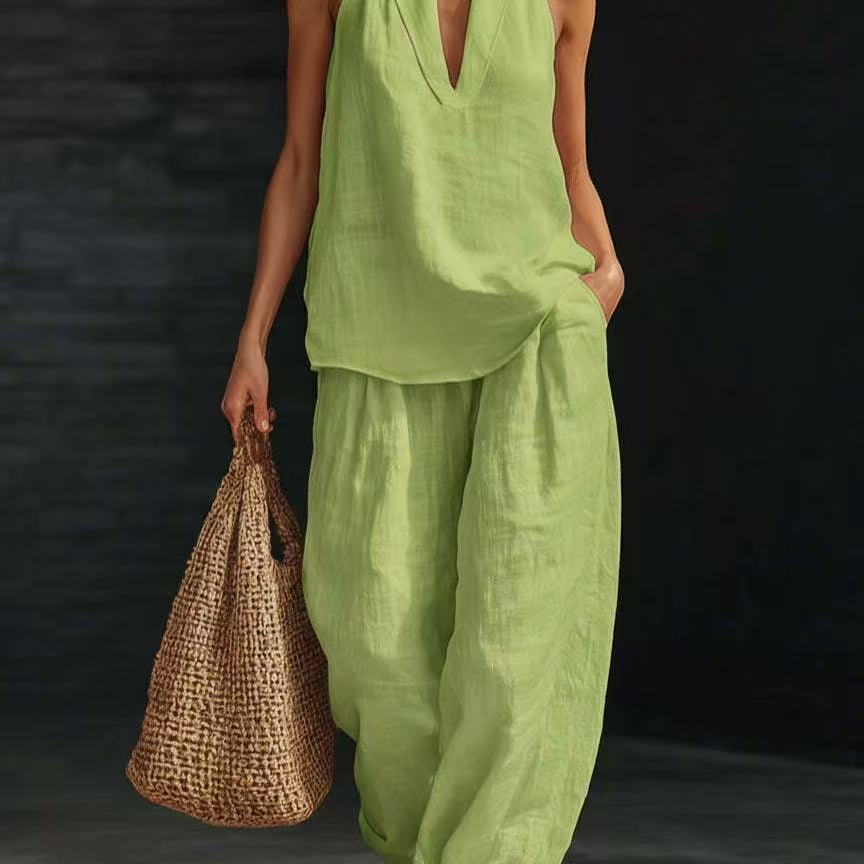 V-Neck Halter Top & Wide-Leg Pants Set