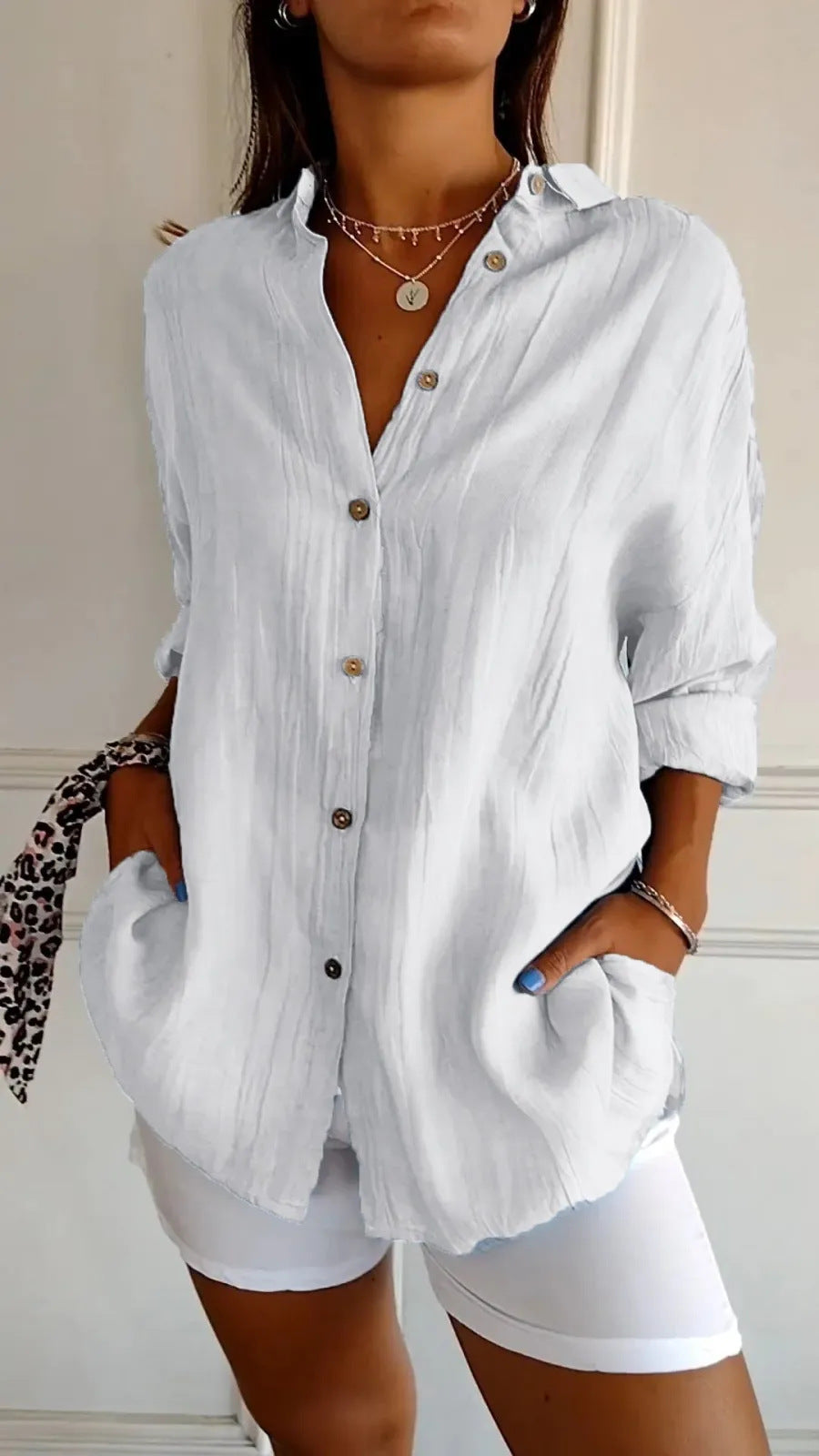 Women's Pleated Lapel Button Shirt
