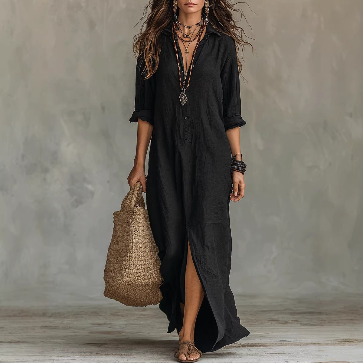 Lapel Collar Side-Slit Maxi Dress
